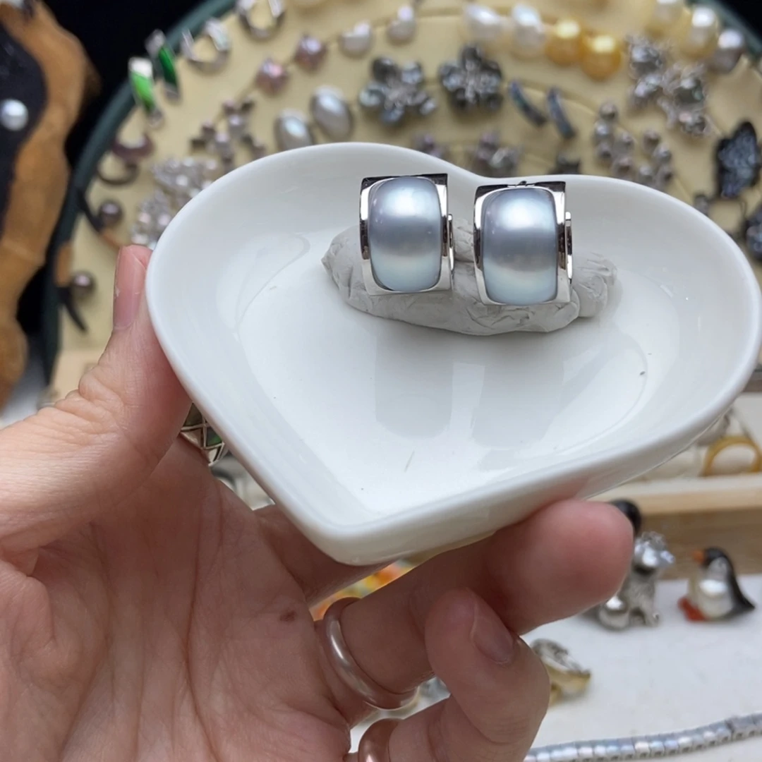 银S925镶嵌海水珍珠画框银蓝澳白珍珠耳扣