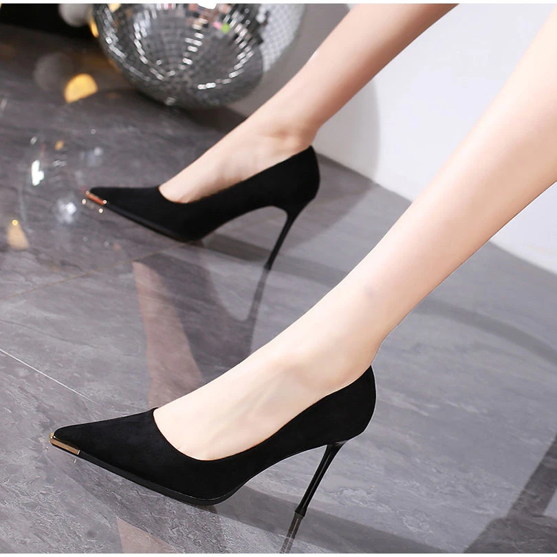 法式高跟鞋女百搭绒面时尚金属头韩版宴会细中跟职业工作鞋女单鞋