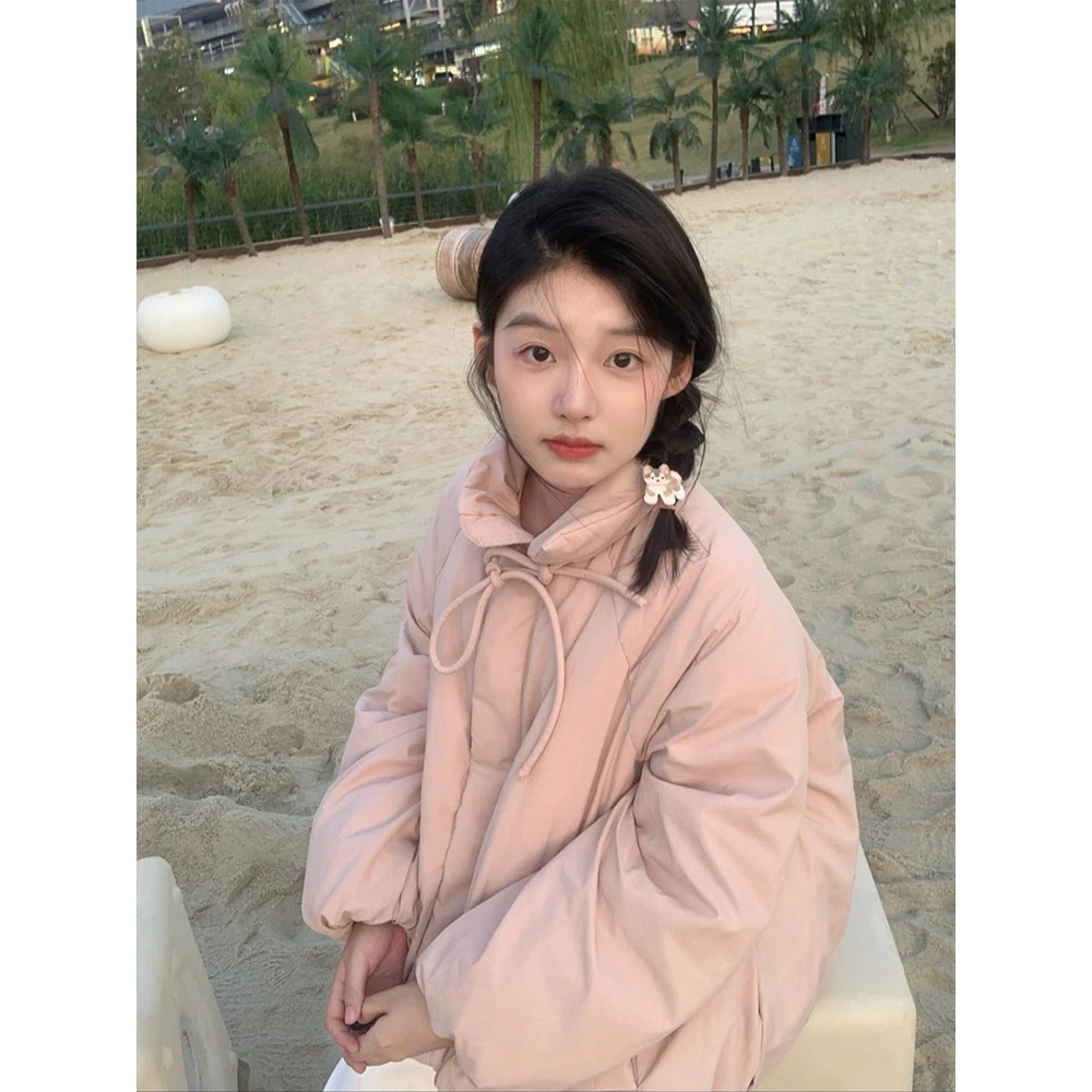甜美粉色立领加厚棉服女2024冬季温柔风小众宽松显瘦保暖棉衣棉袄
