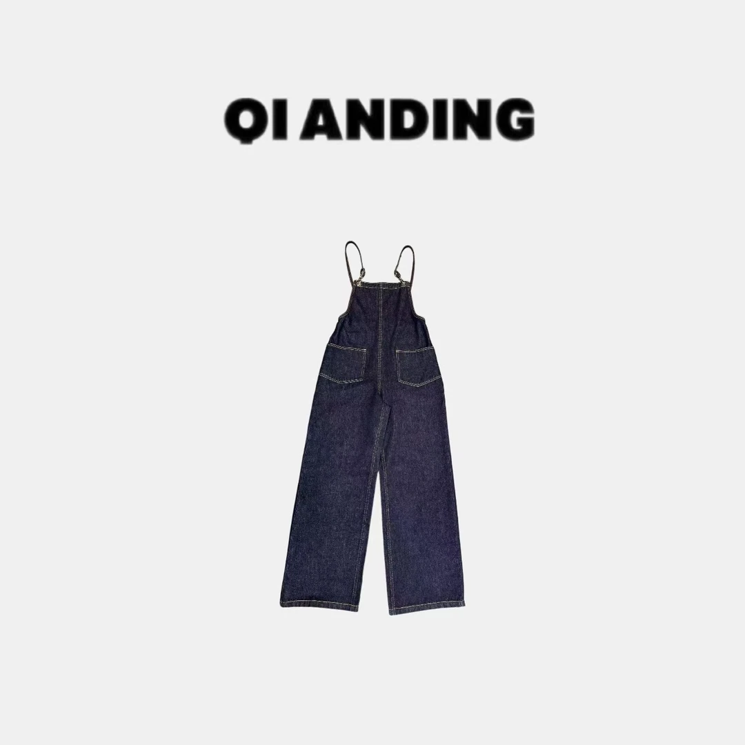 【QIANDING】2025“丹宁日记”100棉复古设计感牛仔背带裤2592