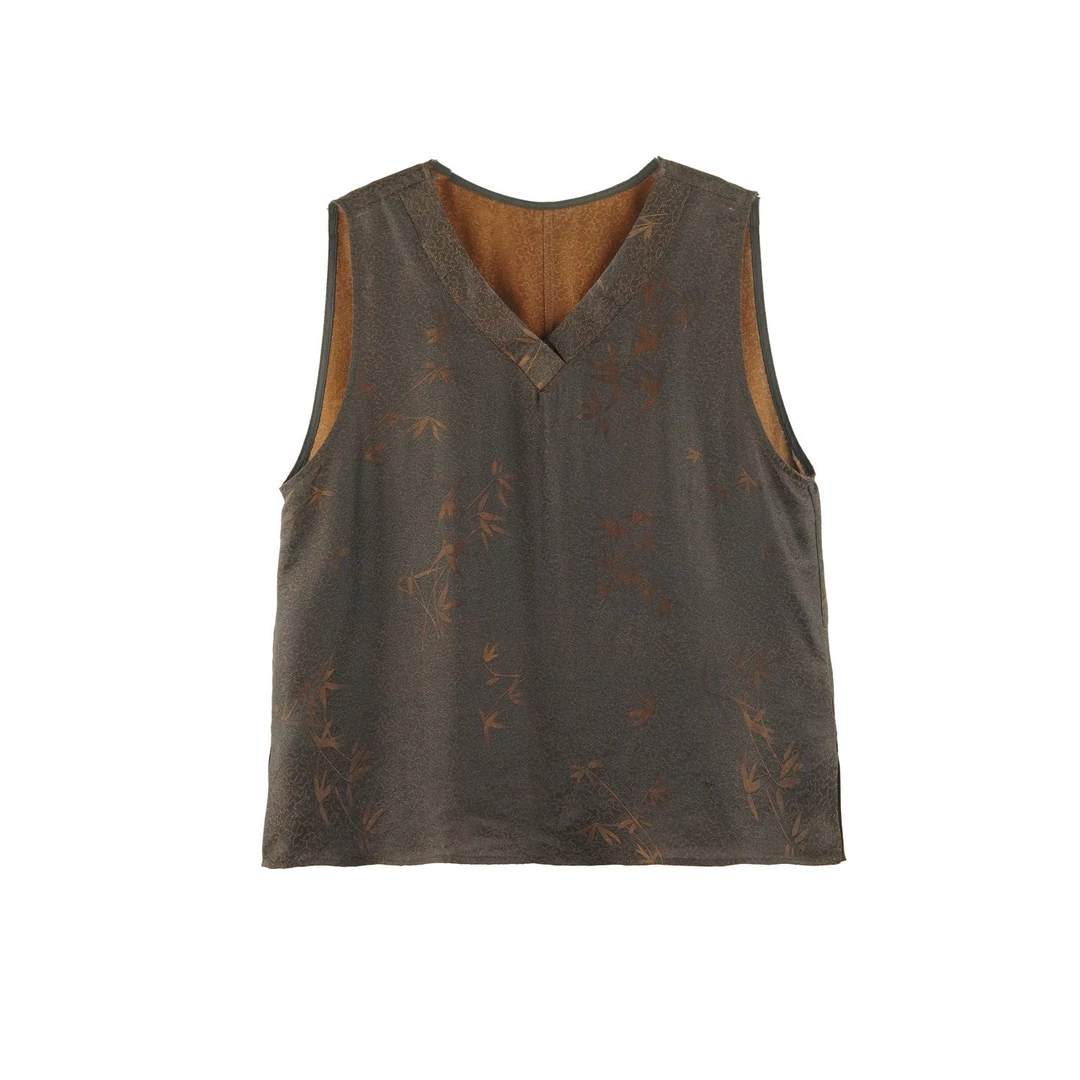 PP  2025新款时尚国风竹枝遥咖色百搭宽松V领背心236898-11