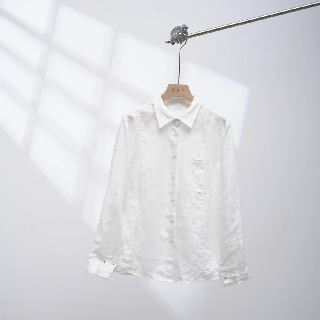 四季通用亚麻纯色长袖衬衫外套休闲拼接上衣翻领