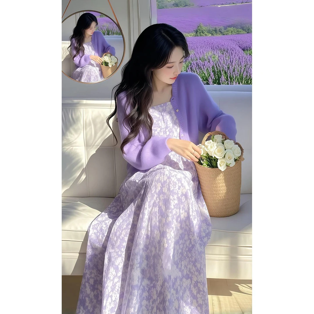 开春穿搭大码胖mm紫色针织衫两件套碎花连衣裙韩系温柔漂亮套装女