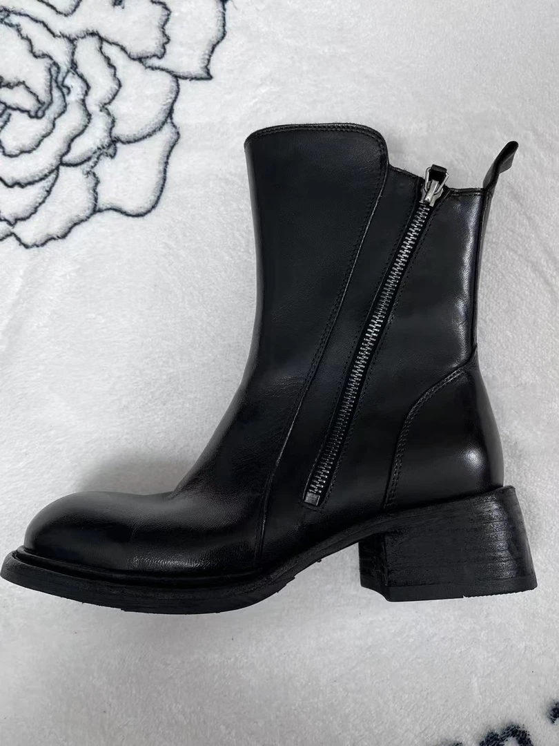 金属圆头冬季切尔西靴瘦瘦靴平底时装靴方头百搭女靴