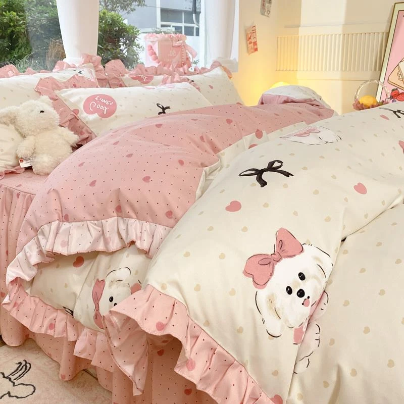 水星官网家纺小清新公主风四件套床裙款纯棉全棉床单被套宿舍三件