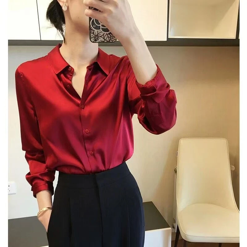【茶芙巷】秋季新款衬衫女宽松高档长袖绸缎长袖百搭职业衬衣【WN】