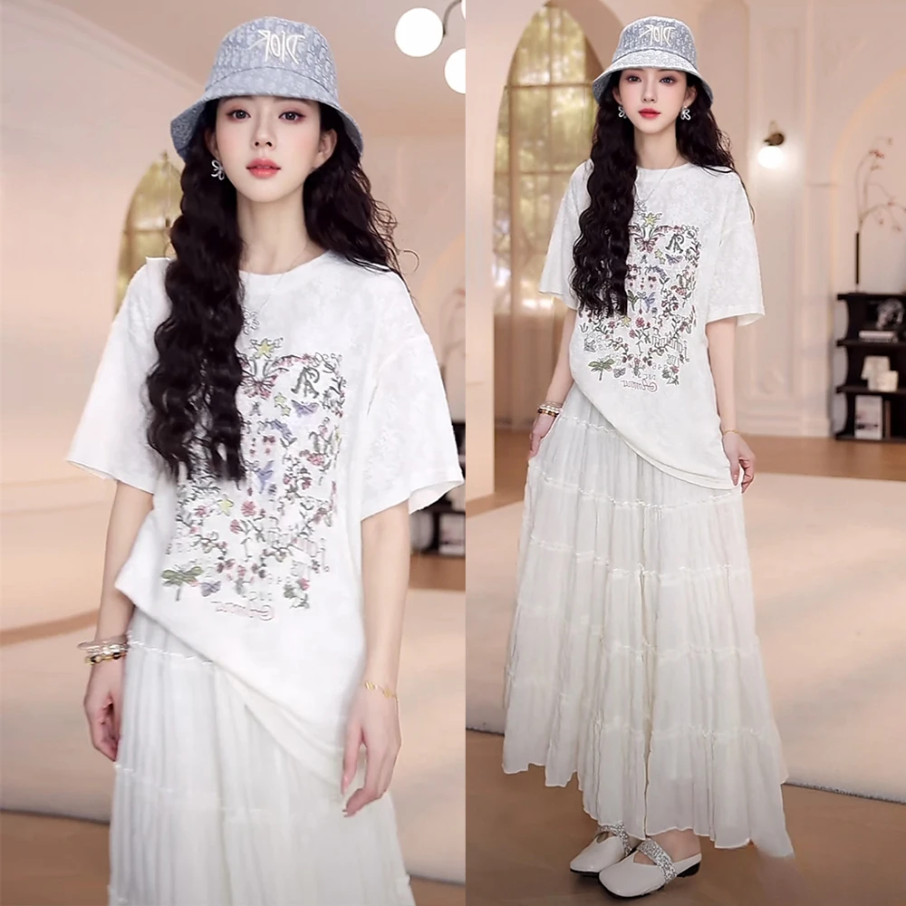夏季新款休闲宽松蕾丝印花短袖t恤+高腰显瘦A字半身长裙时尚套装