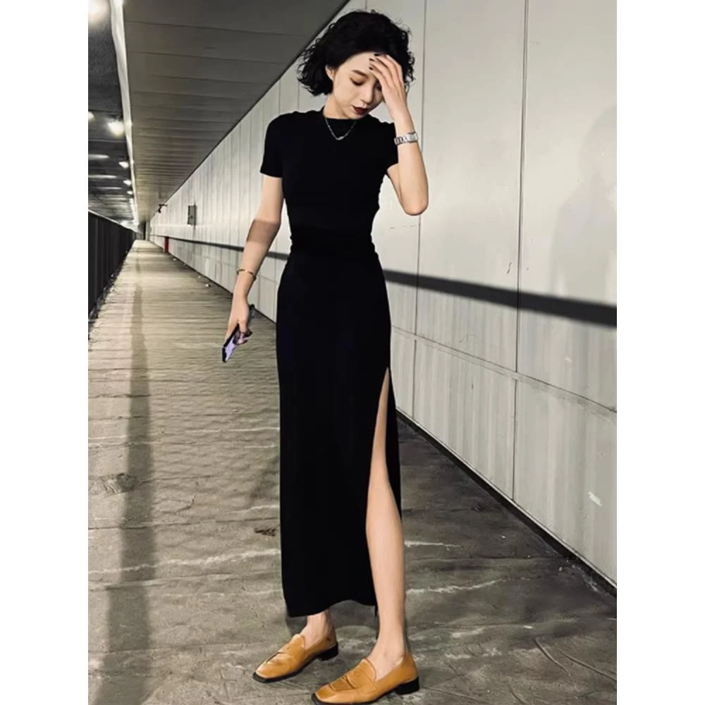 夏季法式轻熟风收腰长款裙子女修身显瘦双开叉紧身纯欲风连衣裙潮