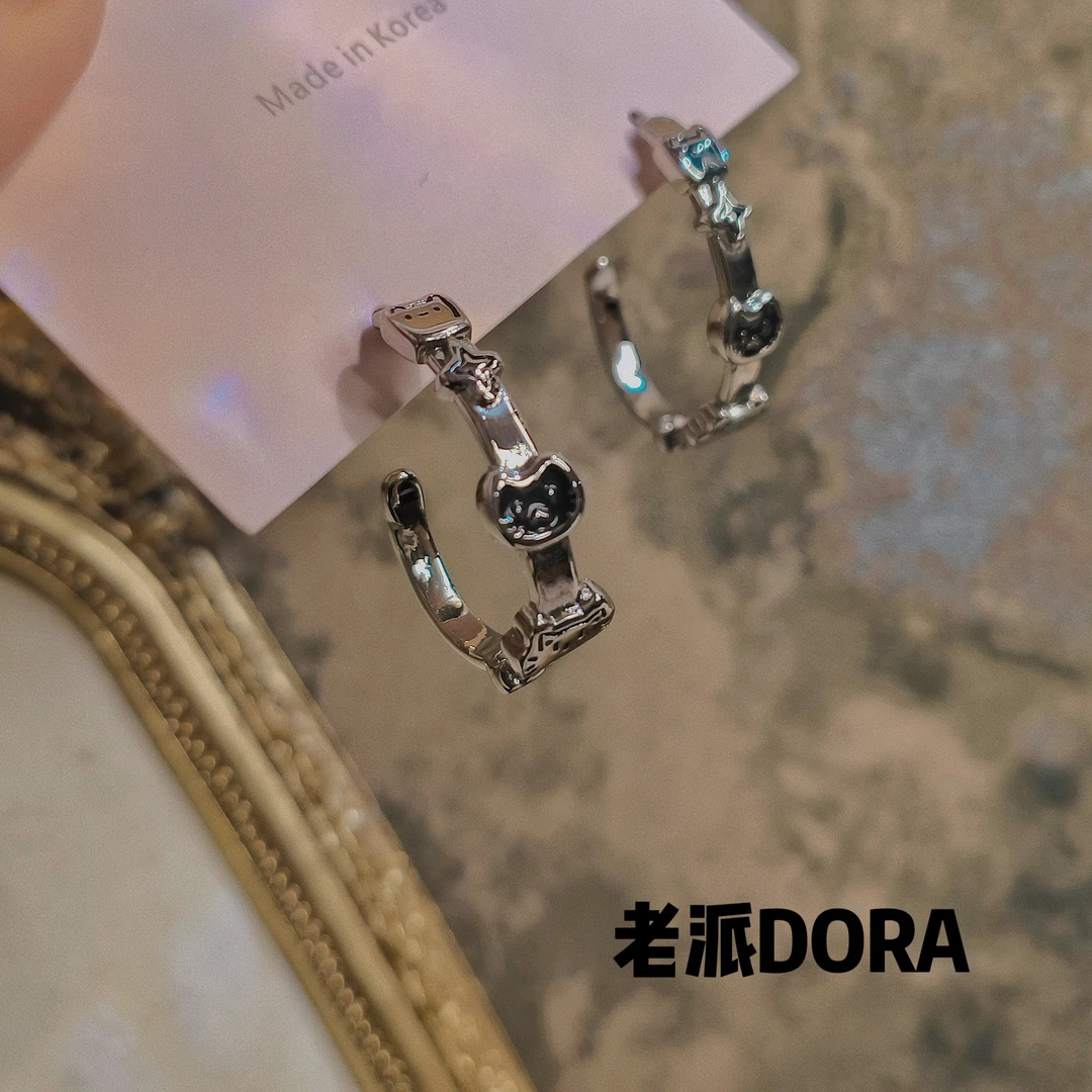 铜合金耳饰 【25】老派少女S925银针C圈ins韩系涂鸦漫画耳饰