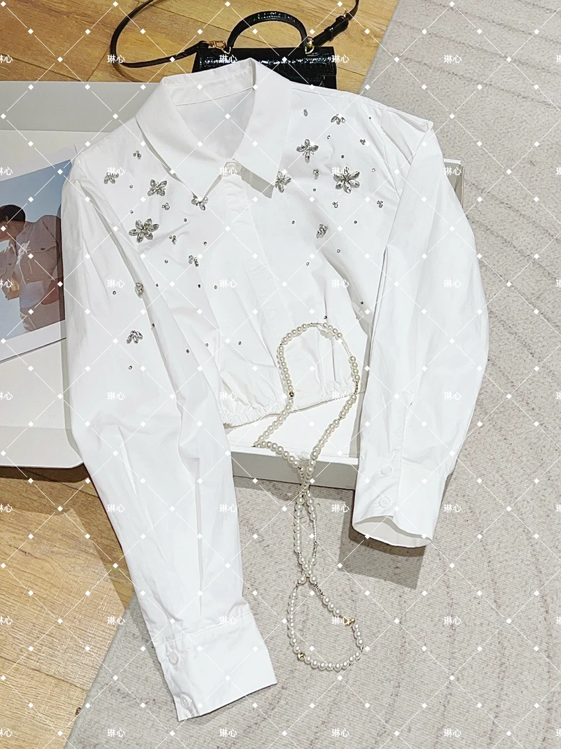 琳心丨春季新款时尚气质百搭钉钻花花白色衬衫 1569