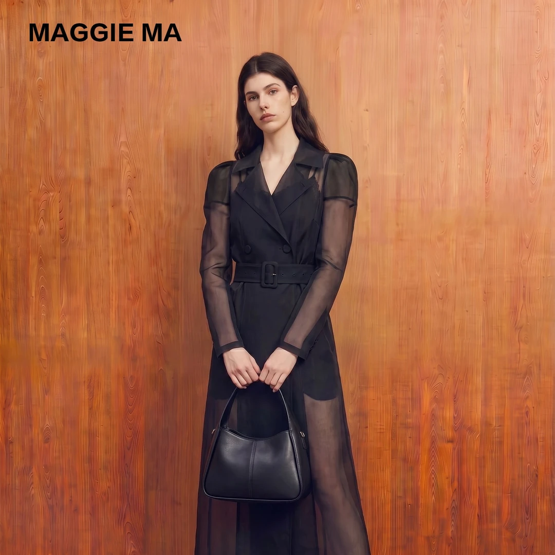MAGGIE MA/马婧黑透视网纱收腰立领双排扣御姐连衣裙式外套422C