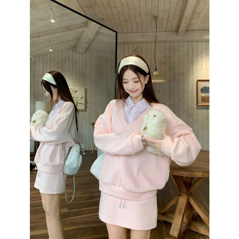 假两件卫衣设计感衬衫领卫衣女早秋新款高腰抽绳松紧腰短裙两件套