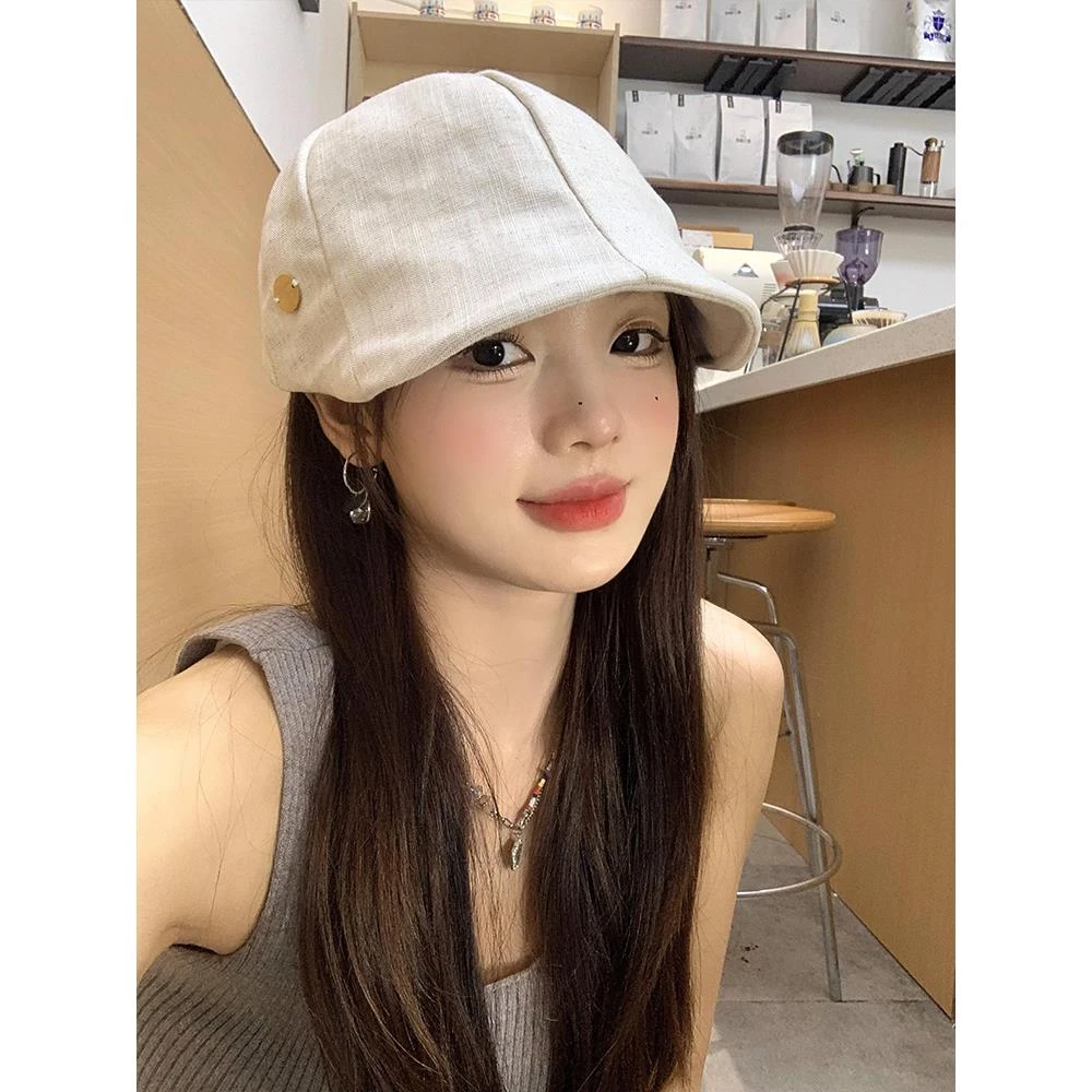 日系亚麻前进帽女大头围宽帽檐显脸小报童帽复古文艺风贝雷帽子潮
