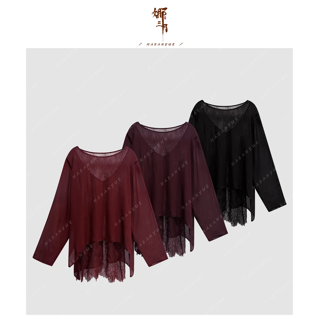娜三月［ 兰亭序］质感国潮拼蕾丝减龄垂顺双绉8067上衣
