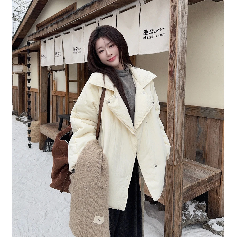 韩系设计感绑带显瘦棉服女冬季宽松翻领加厚保暖高级感面包服外套