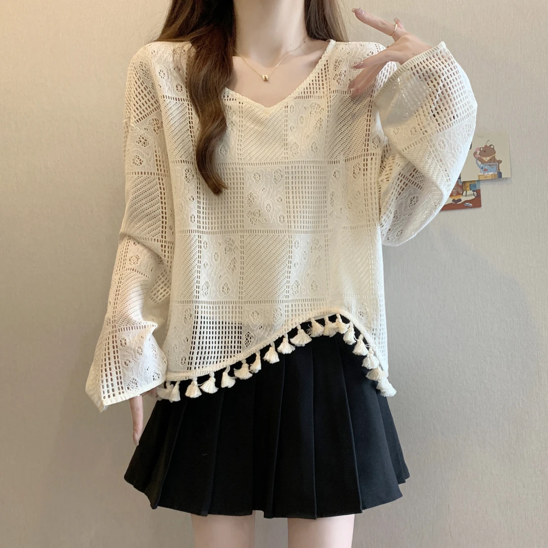 2025早秋新款大码女装胖mm镂空长袖针织罩衫上衣女背心吊带套装潮