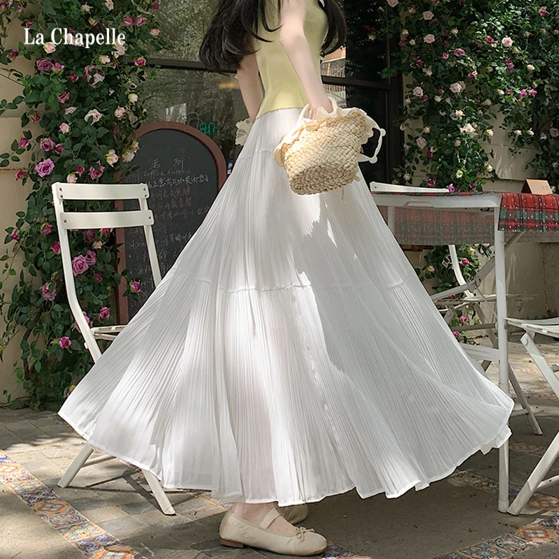 拉夏贝尔雪纺半身裙女2025气质高腰显瘦百搭蛋糕裙A字百褶长裙