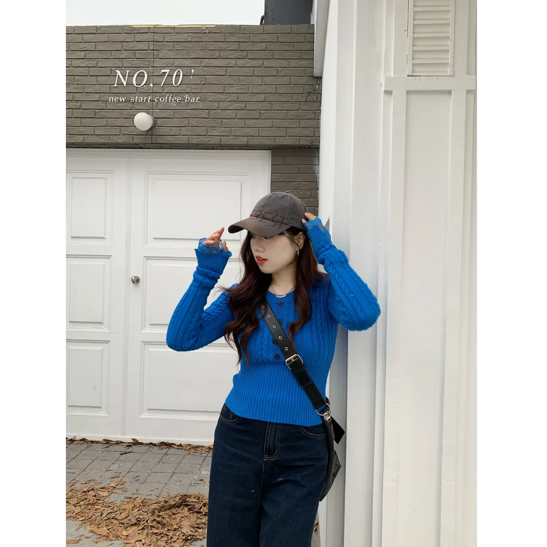 【现货】米米子定制修身型长袖纯欲风毛衣秋冬显瘦韩版蓝色针织上衣
