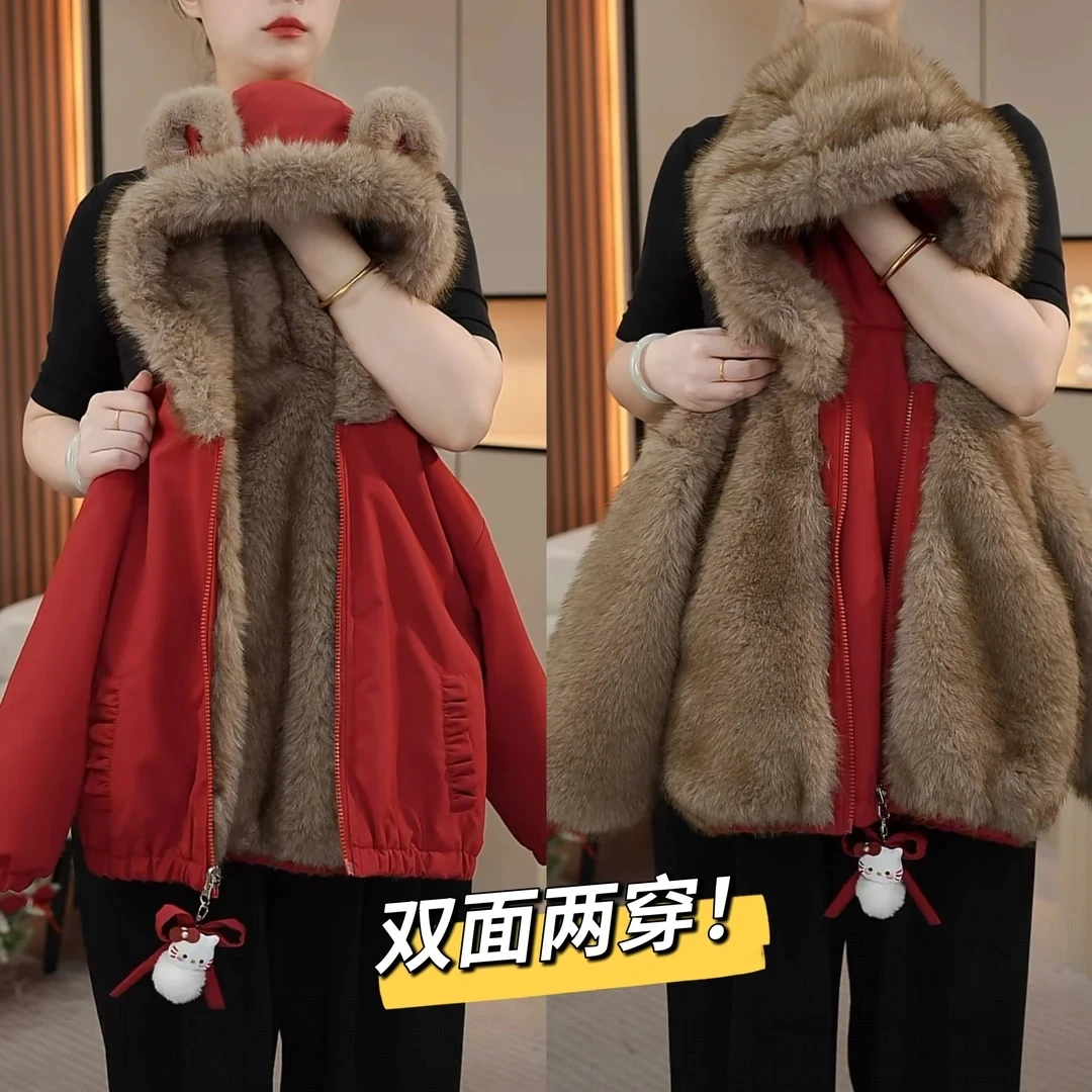 【双面穿】女童外套冬装2025新款中大儿童加绒加厚连帽上衣