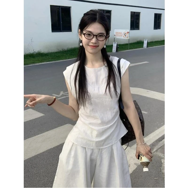 亚麻收腰背心小衫女2025新款夏季小众设计感休闲宽松无袖T恤上衣