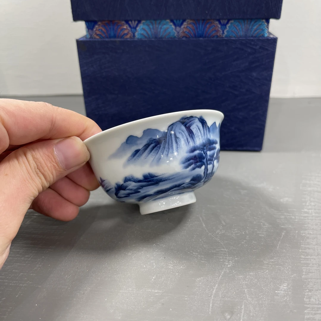 钟家窑 柴窑 手绘 青花 湖光山色撇口杯