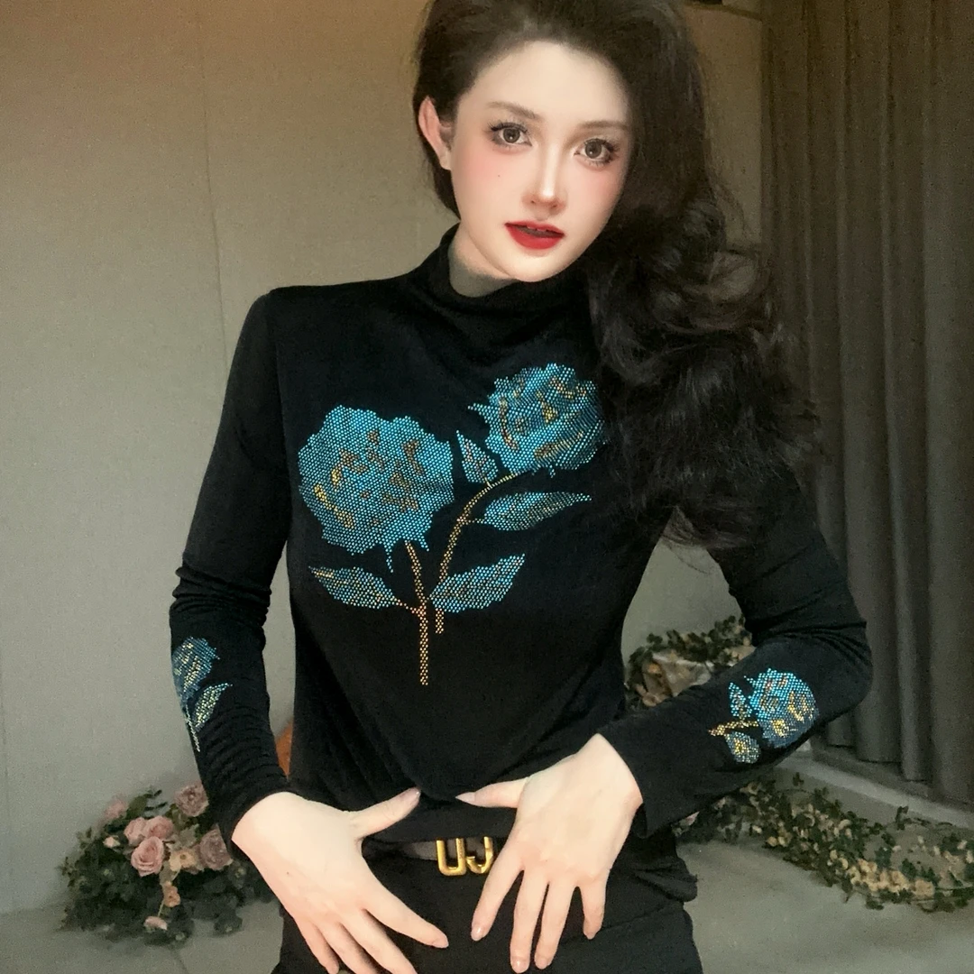 【秋冬德绒】 半高领长袖上衣重工烫钻T洋气欧货显瘦打底衫