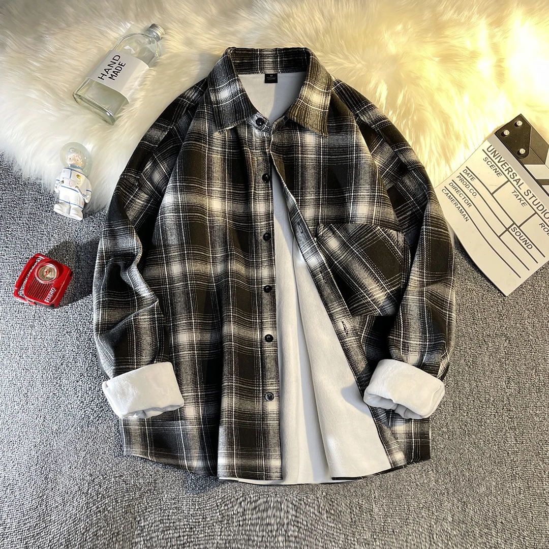 港风复古加绒加厚衬衣男女长袖潮流休闲保暖格子衬衫韩版外套帅气