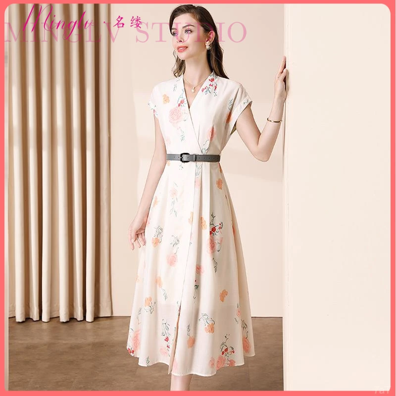 名缕气质印花连衣裙夏季2025新款V领收腰显瘦今年流行设计感裙子