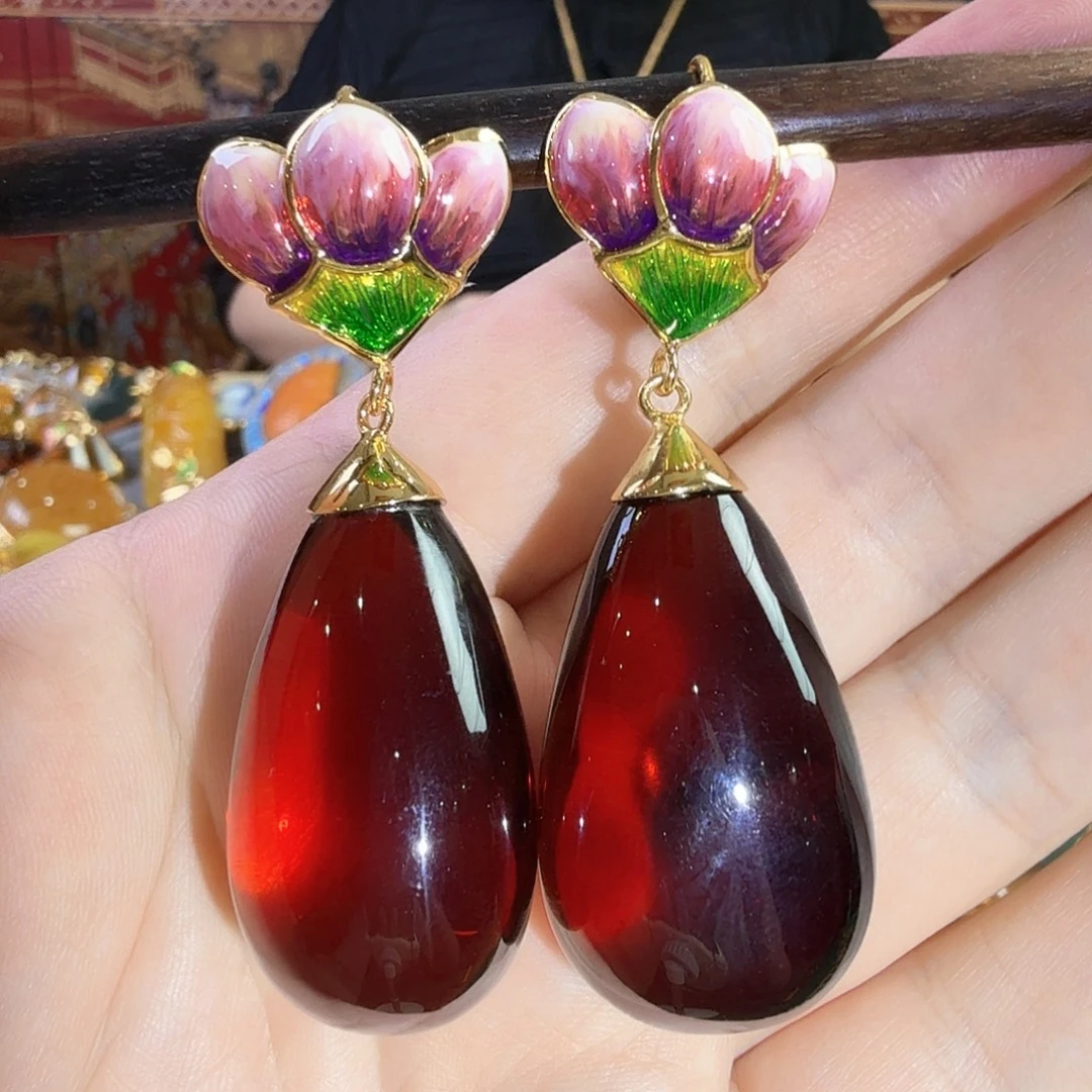 血珀银S925镀金镶嵌耳环