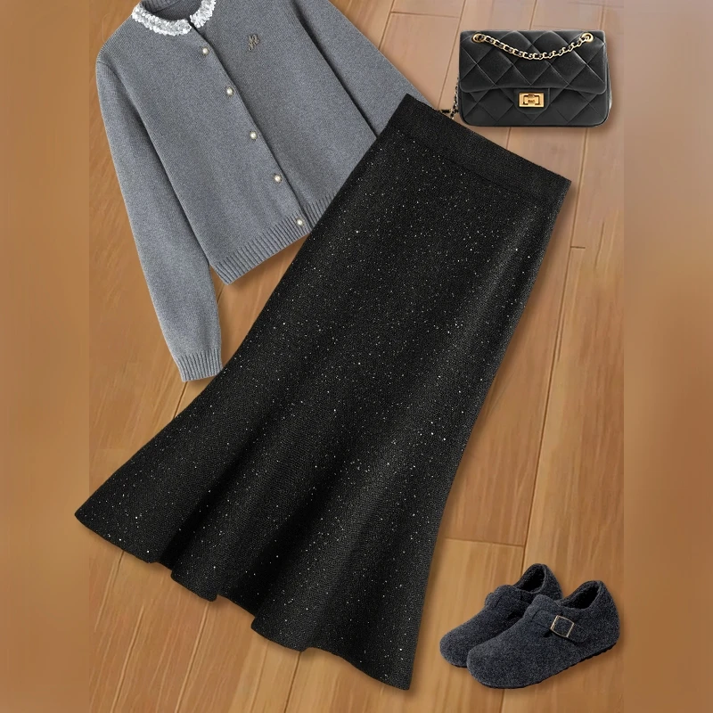 黑色亮片半身裙女2025新款冬季高级感包臀一步裙中长款毛呢鱼尾裙