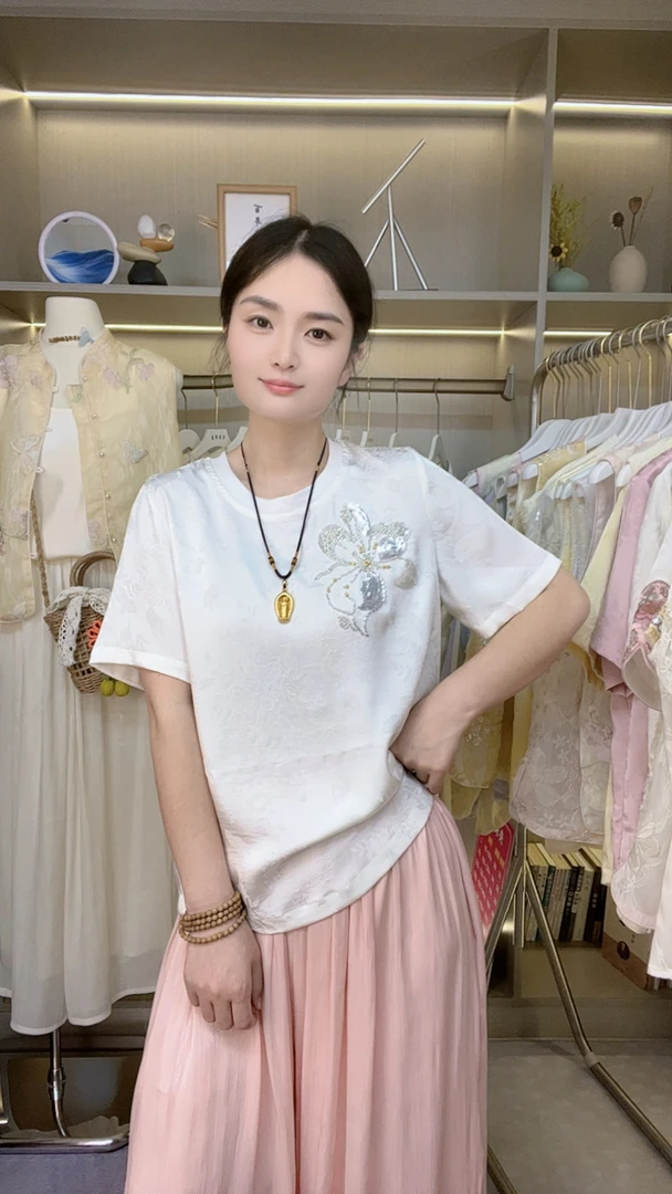 【安然】夏季现款国风新中式上衣小衫气质圆领刺绣短袖T恤衫女冰凉