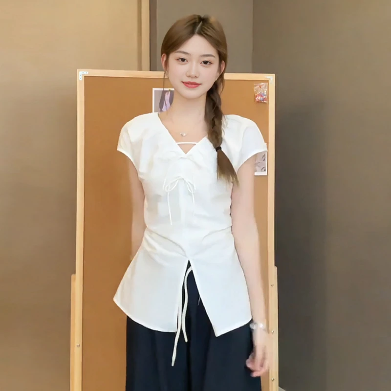 【8837】大码女装胖mm褶皱收腰系带V领短袖衬衫夏季设计感显瘦上衣