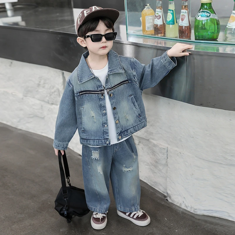 男童破洞牛仔套装秋装洋气春秋款小童时髦帅气男孩秋季炸街两件套