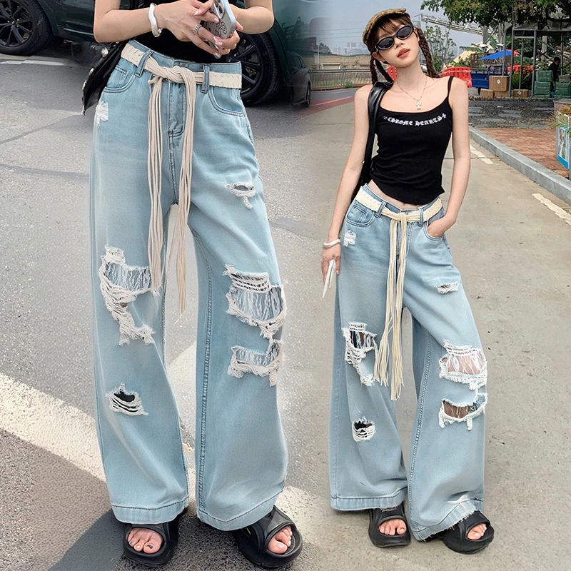 【小黄梨】夏季设计感梨型微胖显瘦高腰垂感窄版阔腿破洞牛仔裤女