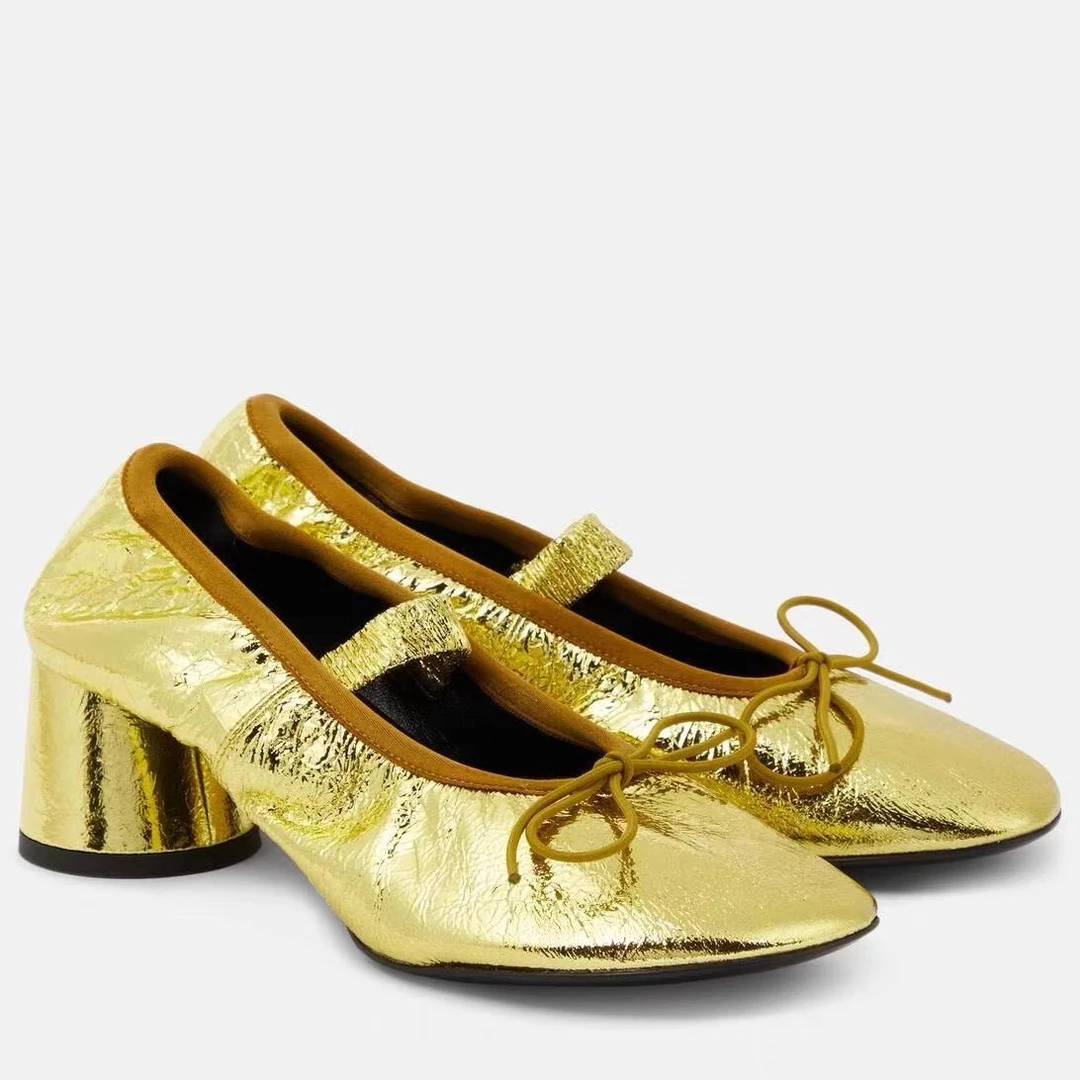 意大利进口漆皮芭蕾鞋 学院风高跟女单鞋黄色玛丽珍鞋