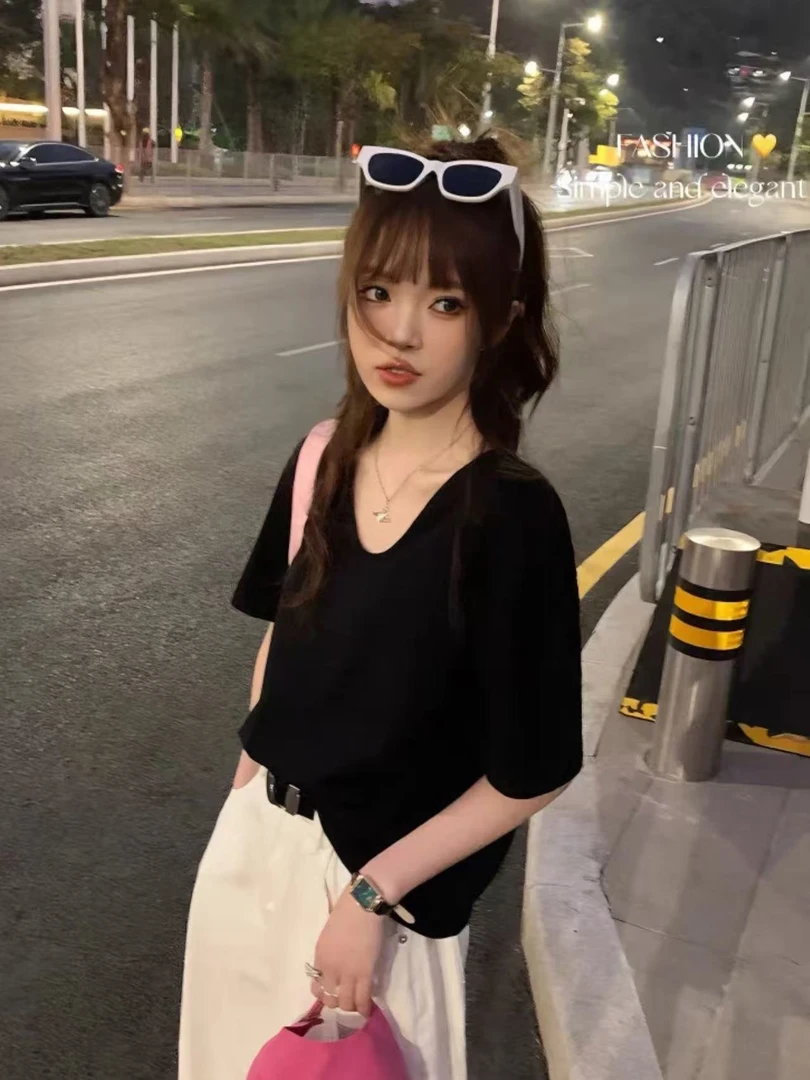 （莱赛尔短袖）纯色宽松夏季百搭白色纯棉休闲半袖简约insV领韩版