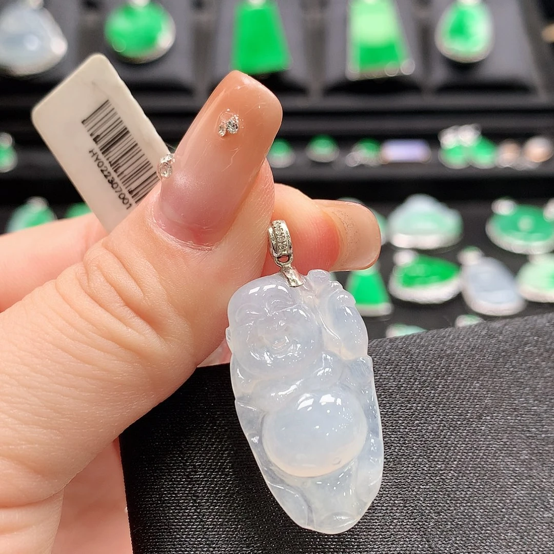 翡翠18K金镶嵌颈饰布袋佛