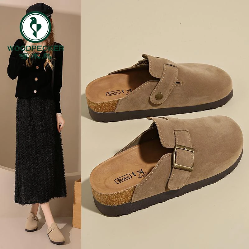 啄木鸟厚底勃肯鞋女2025春秋一脚蹬懒人包头半拖鞋外穿软木博肯鞋