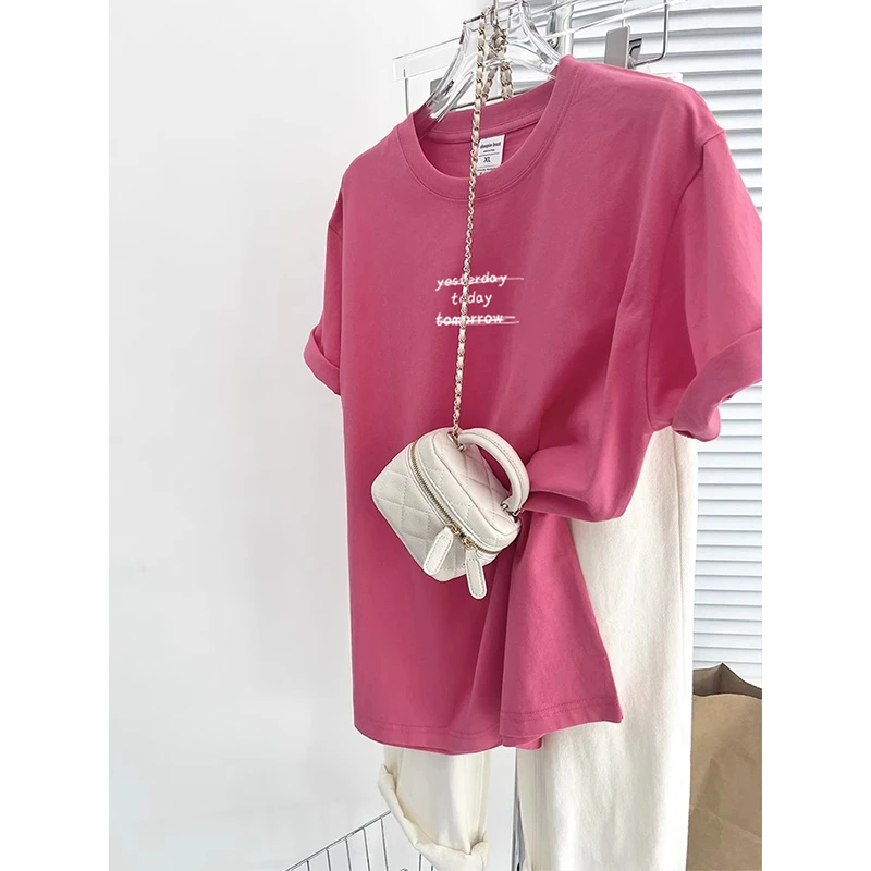 2025新款洋红色纯棉短袖t恤女夏季宽松小众设计感打底衫多巴胺
