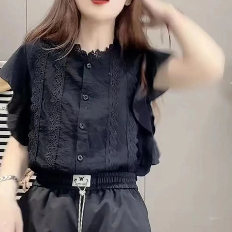甜美荷叶袖蕾丝领衬衫女2025夏季法式拼接纯色薄款显瘦遮肉衬衣女