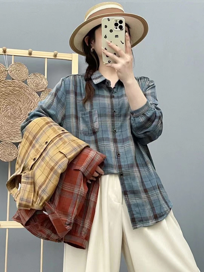 秋季新款撞色格子基础款长袖衬衫休闲简约百搭上衣女85441