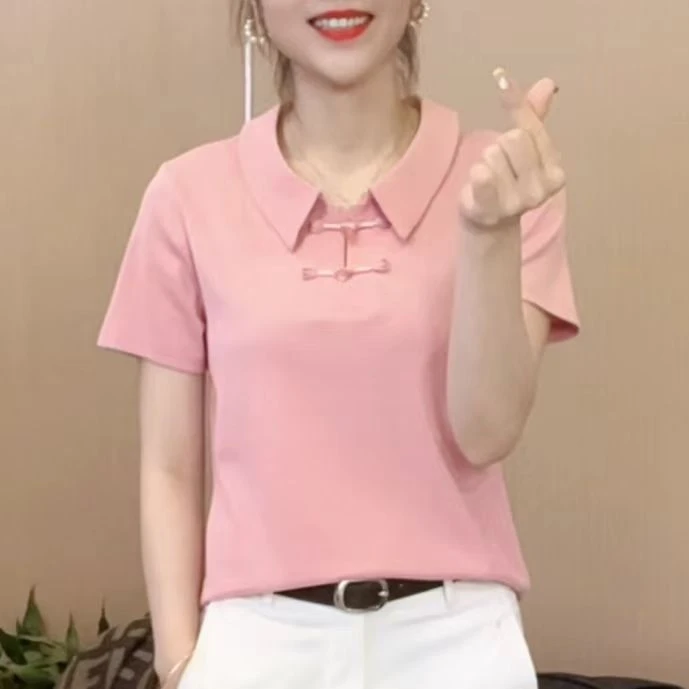 2025夏季国风短袖复古盘扣翻领纯色气质显瘦短袖设计感T恤 虞