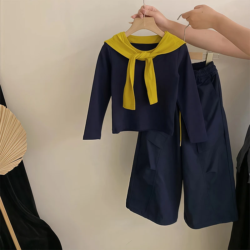 女童工装裤套装春秋季2025新款儿童打底衫秋装女孩阔腿裤两件套