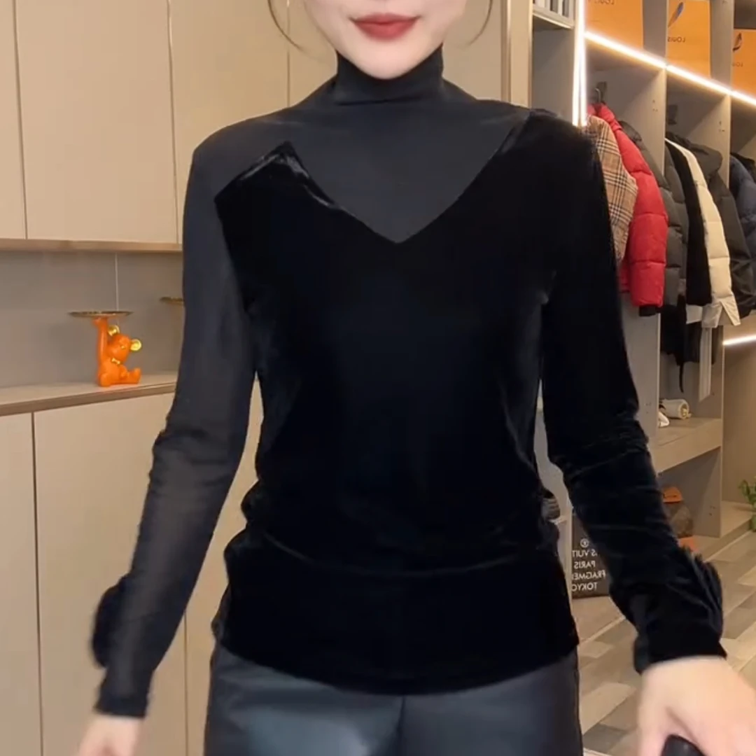 秋冬修身长袖丝绒拼接网纱打底T恤上衣