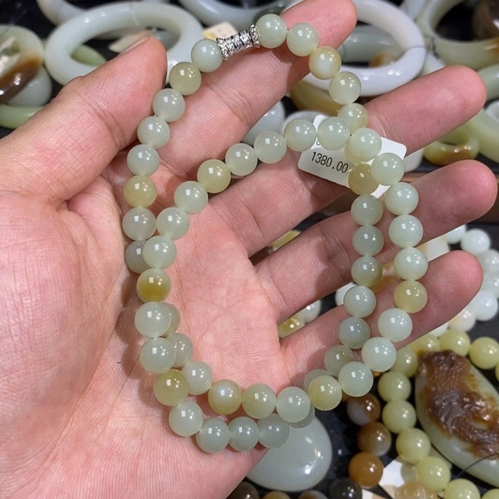 未镶嵌手链和田玉新疆且末近矿糖青白奶蓝圆珠妈妈链