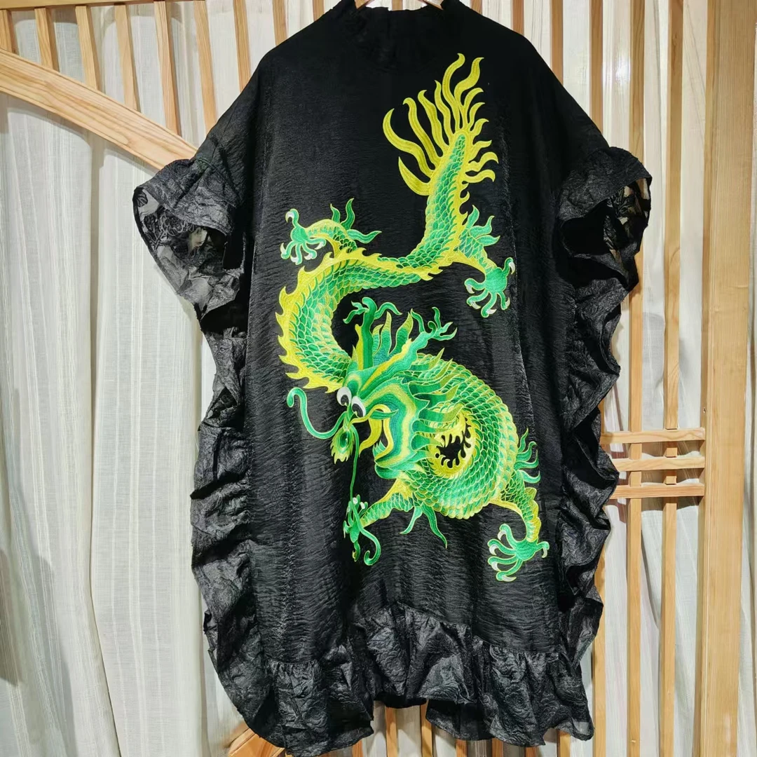 (LS318-3）凤徕兮私人定制黑色福禄底黄绿龙刺绣花边领加纱袍子