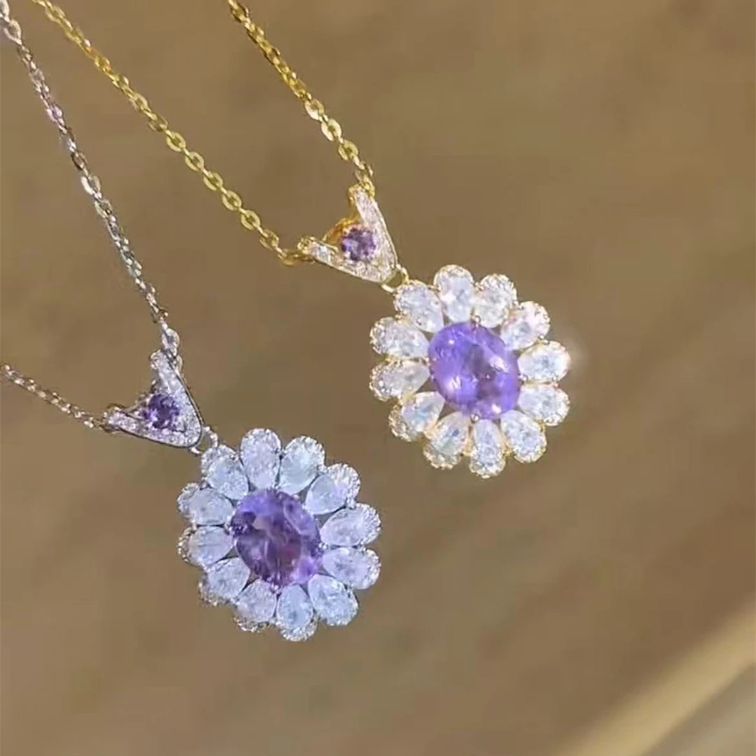 宫廷风925银镶嵌天然紫水晶豪华满钻太阳花项链