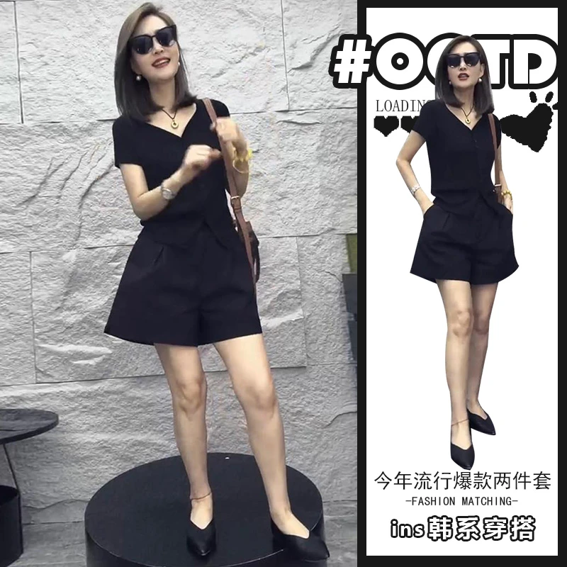 2025夏季新款小个子气质显瘦遮肉上衣休闲短裤女盐系轻熟两件套潮