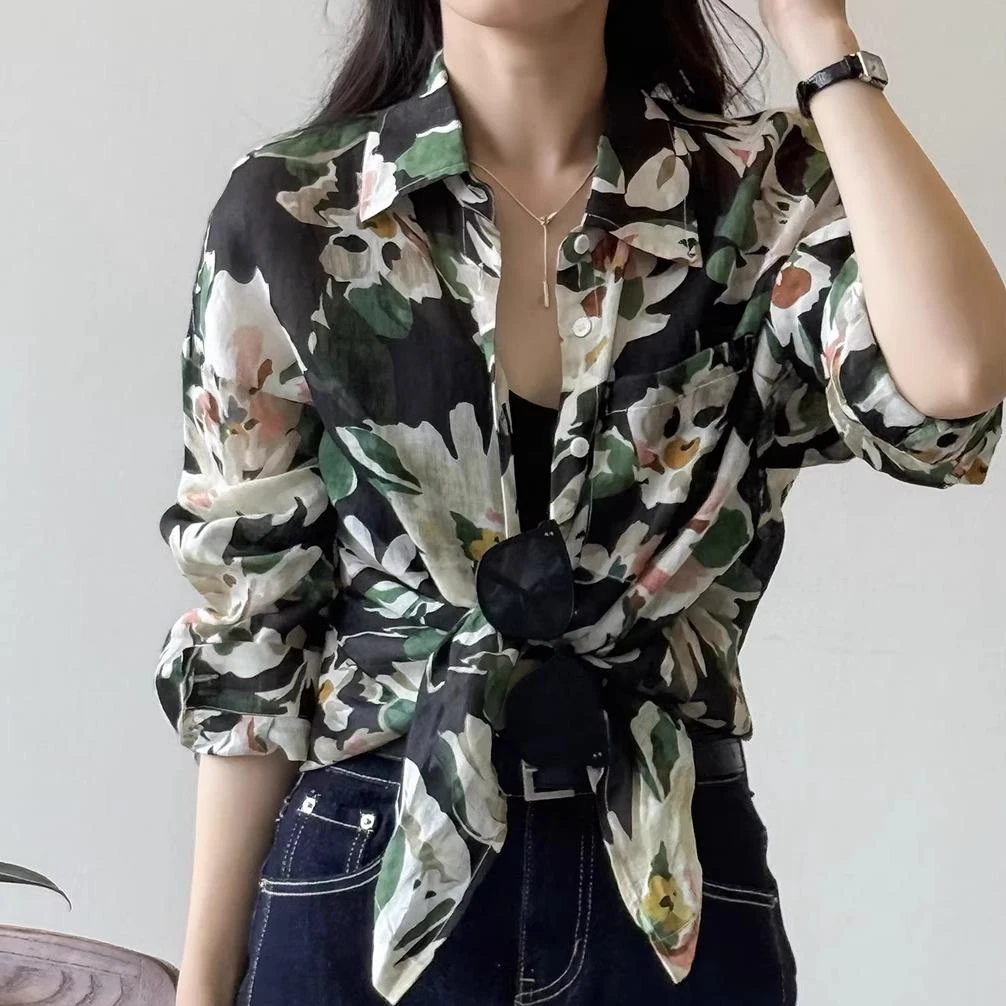 ROUJE LEOK亚麻碎花防晒衬衫女夏薄款开衫外套复古宽松长袖休闲衬