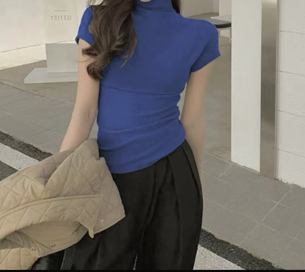 A3071蓝贝壳领纯色打底百搭T恤